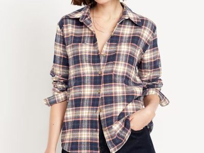 Plaid Flannel Button-Down Boyfriend Shirt - Navy Plaid (Regular)