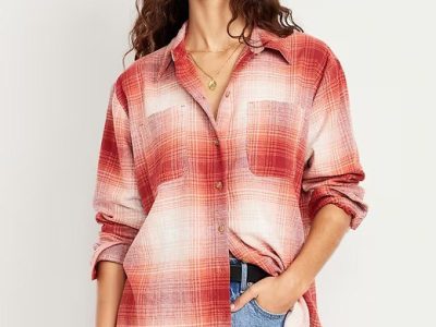 Plaid Flannel Button-Down Boyfriend Shirt - Red Plaid (Regular)