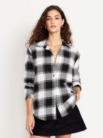 Plaid Flannel Button-Down Boyfriend Shirt - Black Buffalo Plaid (Regular)