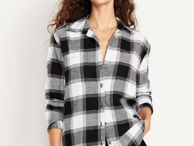 Plaid Flannel Button-Down Boyfriend Shirt - Black Buffalo Plaid (Regular)