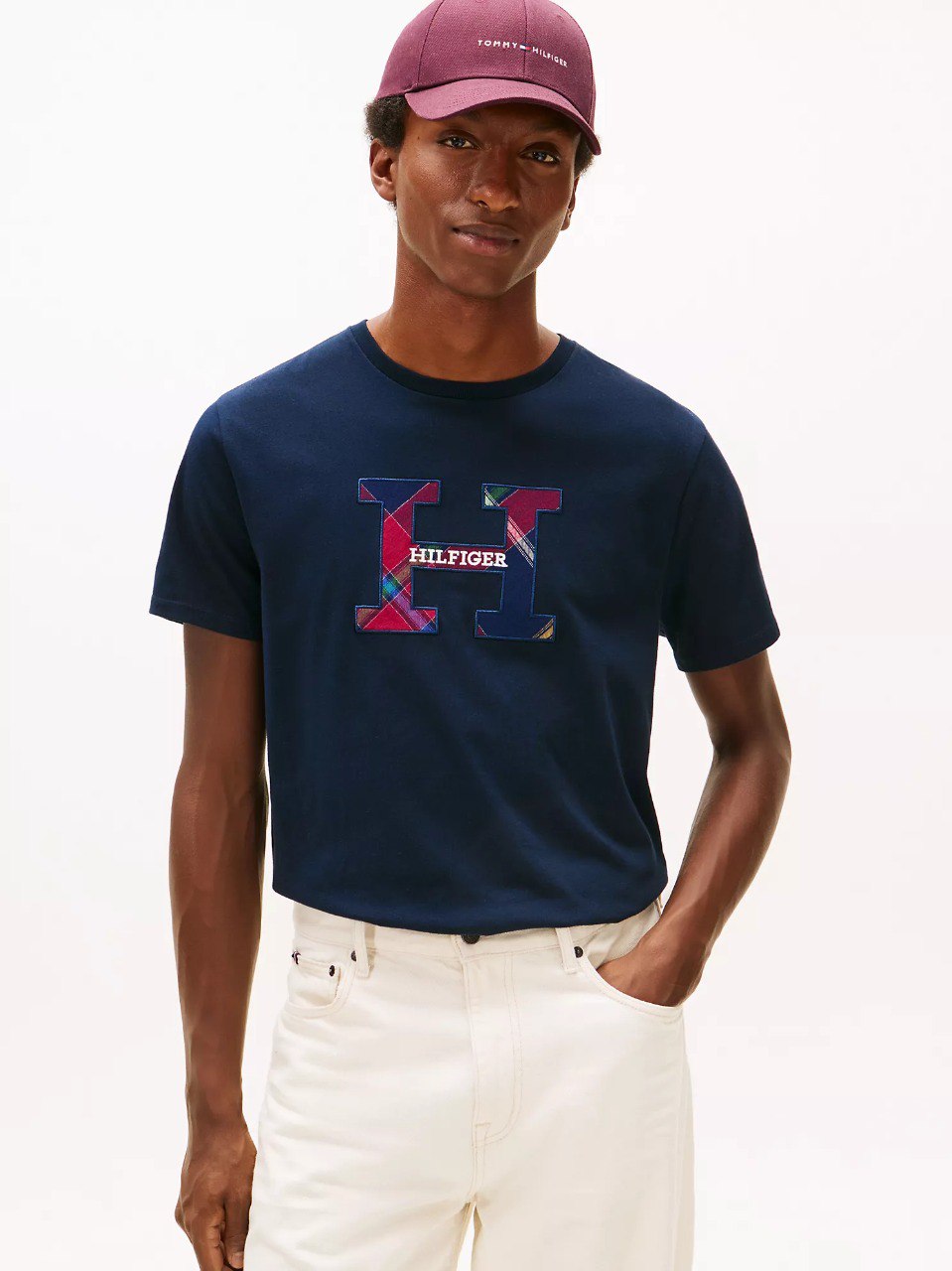 6330322168838819028 Men Plaid Monogram Logo T-Shirt-Navy - Image 1