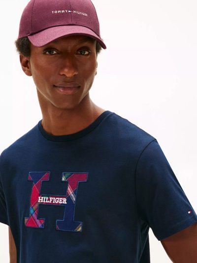 Men Plaid Monogram Logo T-Shirt-Navy - Image 2