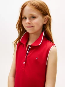 Kids' Sleeveless Pleated Polo Dress-Primary Red - Image 3