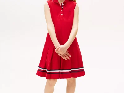 Kids' Sleeveless Pleated Polo Dress-Primary Red