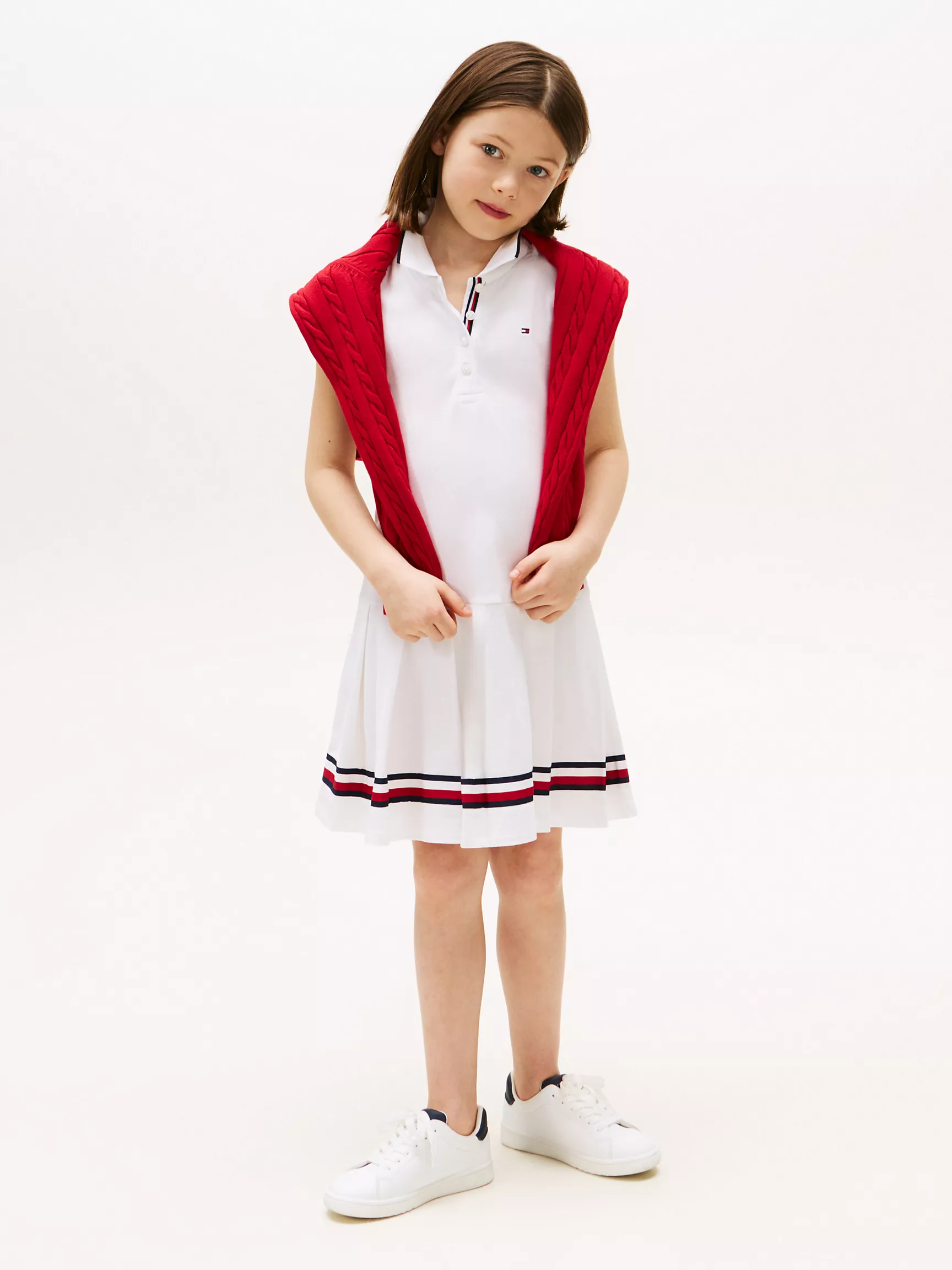 71J4154_YCF_main Kids' Sleeveless Pleated Polo Dress-Optic White - Image 1