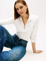 Long-Sleeve Zip Slim Fit Polo - Light Beige #76J3175 - Image 3