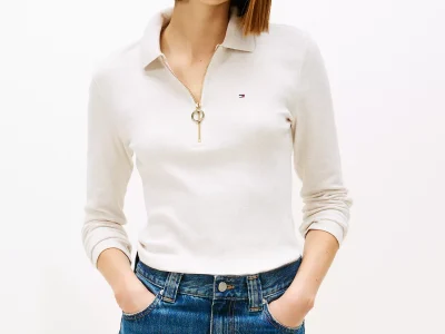 Long-Sleeve Zip Slim Fit Polo - Light Beige #76J3175