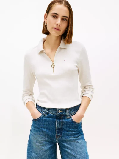 Long-Sleeve Zip Slim Fit Polo - Light Beige #76J3175 - Image 1