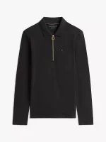 Long-Sleeve Zip Slim Fit Polo - Black #76J3175 - Image 2