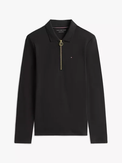 Long-Sleeve Zip Slim Fit Polo - Black #76J3175 - Image 2