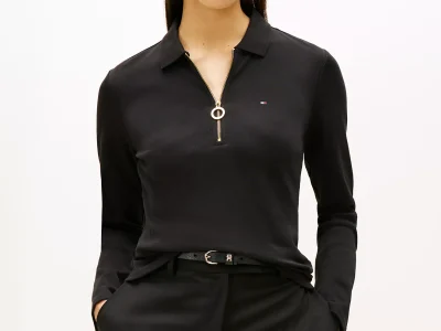 Long-Sleeve Zip Slim Fit Polo - Black #76J3175