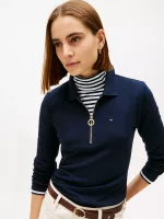 Long-Sleeve Zip Slim Fit Polo - Navy Blue #76J3175 - Image 3