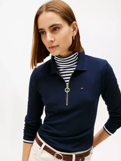 Long-Sleeve Zip Slim Fit Polo - Navy Blue #76J3175 - Image 3