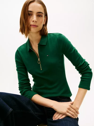 Long-Sleeve Zip Slim Fit Polo - Ornamental Green #76J3175 - Image 3