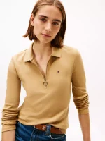 Long-Sleeve Zip Slim Fit Polo - Classic Khaki #76J3175 - Image 4