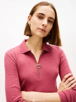 Long-Sleeve Zip Slim Fit Polo - Red #76J3175 - Image 4