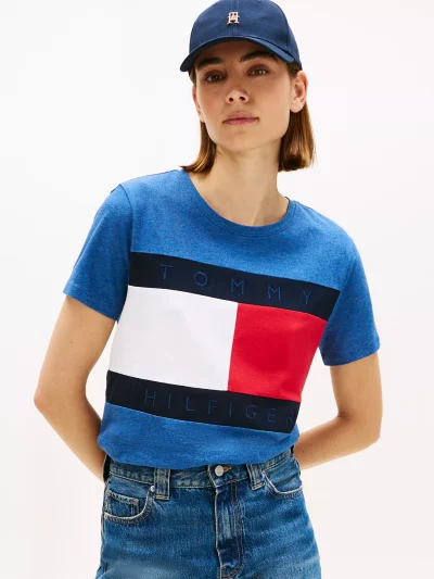 Women Bold Flag Logo Crewneck T-Shirt - Blue Heather #76J5268 - Image 1