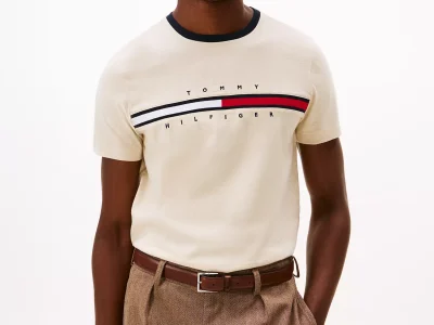 Embroidered Flag Logo T-Shirt-Ivory Heather