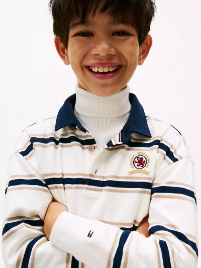 Kids' Rugby Stripe Interlock Polo - Malted Milk #KB10122 - Image 2