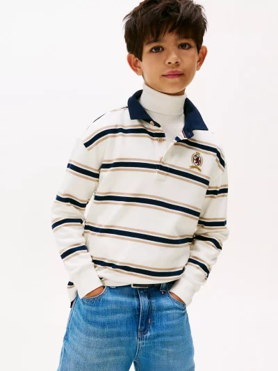 Kids' Rugby Stripe Interlock Polo - Malted Milk #KB10122 - Image 1
