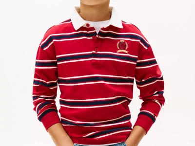 Kids' Rugby Stripe Interlock Polo - Medium Red #KB10122