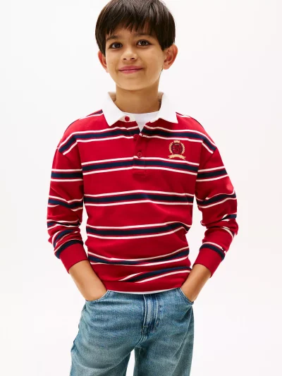 Kids' Rugby Stripe Interlock Polo - Medium Red #KB10122 - Image 1