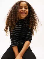 Kids' Stripe Stretch Mockneck Top - Black #KG08867 - Image 4