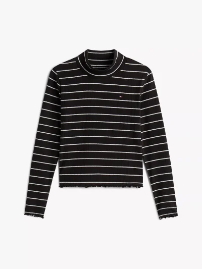 Kids' Stripe Stretch Mockneck Top - Black #KG08867 - Image 2