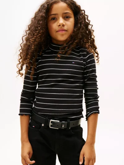 Kids' Stripe Stretch Mockneck Top - Black #KG08867 - Image 1
