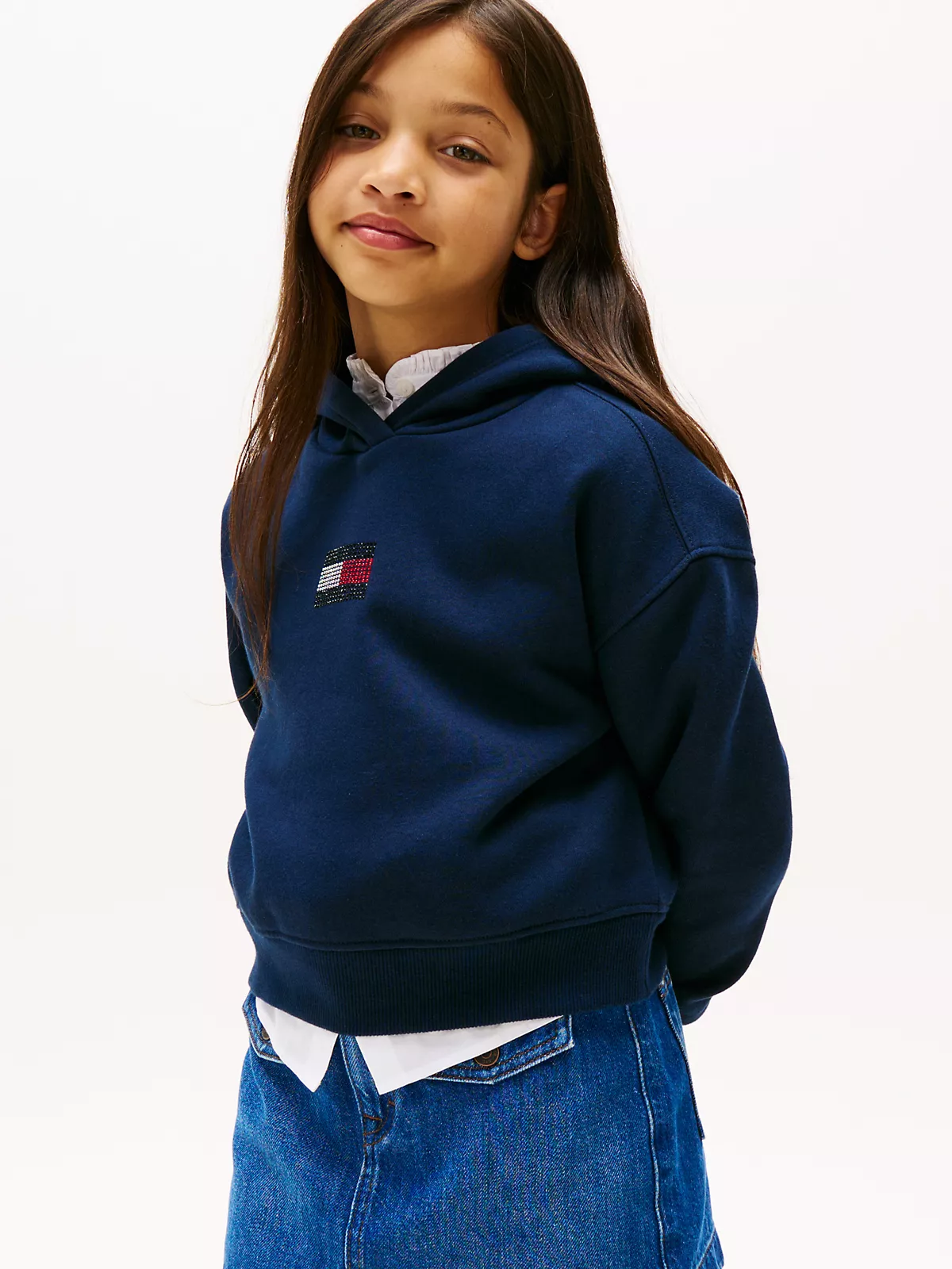KG09016_C1G_main Kids' Rhinestone Flag Logo Hoodie-Dark Blue - Image 1