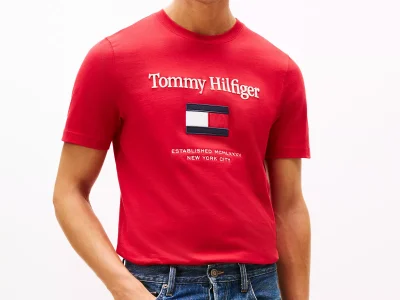 Embroidered Flag Logo T-Shirt-Medium Red