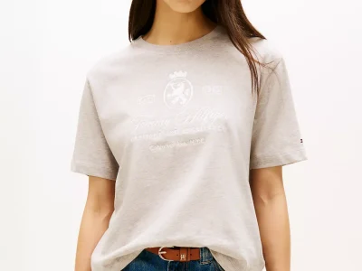 Embroidered Script Crest Logo T-Shirt-Heathered Pebble