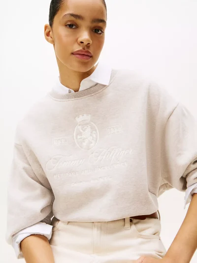 Embroidered Script Crest Logo Sweatshirt- Heathered Pebble - Image 2
