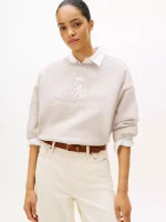 Embroidered Script Crest Logo Sweatshirt- Heathered Pebble