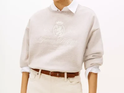 Embroidered Script Crest Logo Sweatshirt- Heathered Pebble