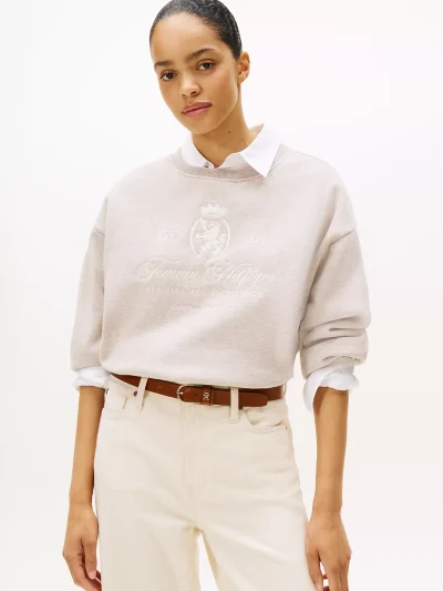 Embroidered Script Crest Logo Sweatshirt- Heathered Pebble - Image 1