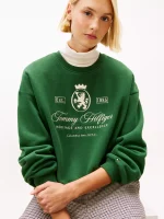 Embroidered Script Crest Logo Sweatshirt- Deep Evergreen - Image 2