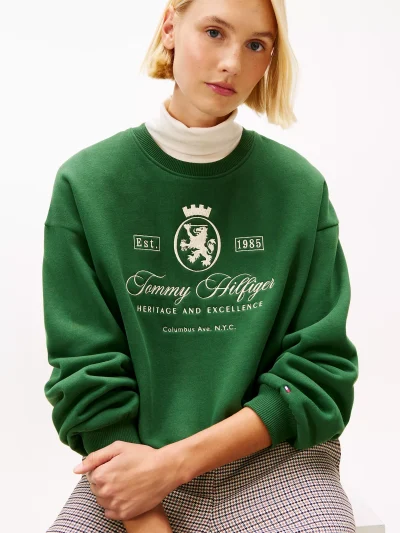Embroidered Script Crest Logo Sweatshirt- Deep Evergreen - Image 2