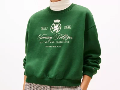 Embroidered Script Crest Logo Sweatshirt- Deep Evergreen