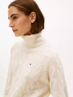 Wool Cable Knit Turtleneck Sweater- Heather Oatmilk#WW46791-ADK - Image 3