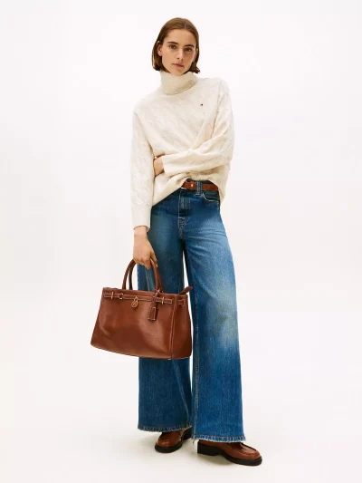 Wool Cable Knit Turtleneck Sweater- Heather Oatmilk#WW46791-ADK - Image 2