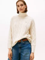 Wool Cable Knit Turtleneck Sweater- Heather Oatmilk#WW46791-ADK