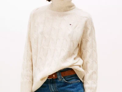 Wool Cable Knit Turtleneck Sweater- Heather Oatmilk#WW46791-ADK