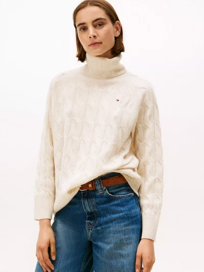 Wool Cable Knit Turtleneck Sweater- Heather Oatmilk#WW46791-ADK - Image 1