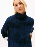 Wool Cable Knit Turtleneck Sweater- Dark Blue - Image 2