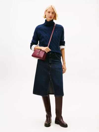 Wool Cable Knit Turtleneck Sweater- Dark Blue - Image 3