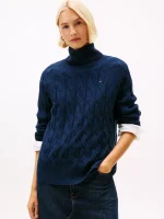 Wool Cable Knit Turtleneck Sweater- Dark Blue