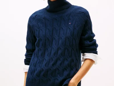 Wool Cable Knit Turtleneck Sweater- Dark Blue