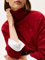 Wool Cable Knit Turtleneck Sweater- Regatta Red - Image 2