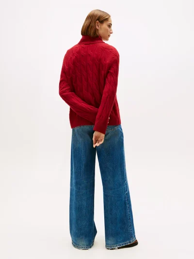 Wool Cable Knit Turtleneck Sweater- Regatta Red - Image 3